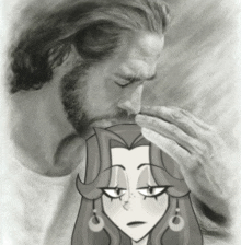 a man with a beard is kissing a woman 's forehead