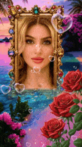 a picture of a woman in a frame with roses and hearts