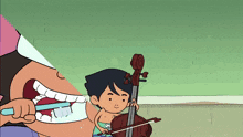 a cartoon of a man brushing his teeth and a boy playing a violin