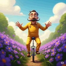 a man with a mustache is riding a bike through a field of purple daisies