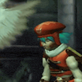 a video game character with blue hair and a red hat with the letter v