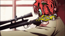 a cartoon of a man holding a sniper rifle with a tbs logo behind him