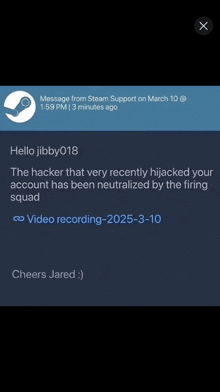 a screen shot of a message from steam support