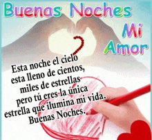 a person is drawing a heart with the words buenas noches mi amor in the background