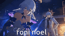 a cartoon of a girl and a man with the words roni noel written on the bottom