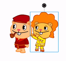 a cartoon character with a red hat and a pipe next to a cartoon character with an orange afro