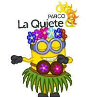 a cartoon of a minion wearing a hula skirt and goggles with the words parco la quiete above him