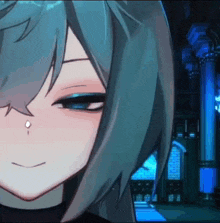 a close up of a blue haired anime girl with a tear on her cheek .