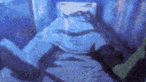 a painting of a person laying in a bed with a blue background