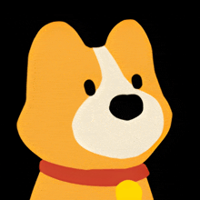 a cartoon dog with a red collar and a yellow tag on its neck