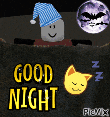 a picture that says good night with a cat and a bat