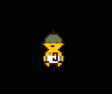a pixel art drawing of bart simpson with a green hat on