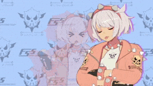 a girl in a pink jacket is standing in front of a background with skulls and the letters fs on it