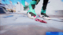 a person 's feet are shown in a blurry video game