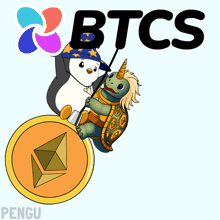 a penguin and a turtle are riding on a coin with the btcs logo in the background