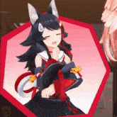a picture of a girl with a cat ear and bells around her neck