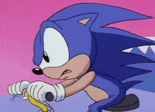 a cartoon of sonic the hedgehog riding a bicycle on a pink background .
