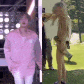a man in a pink shirt and a woman in a brown shirt are standing next to each other in a park .