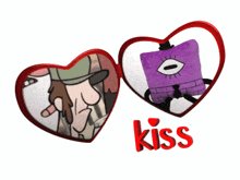 a picture of a man and a purple square with the word kiss underneath