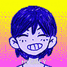 a pixel art drawing of a boy with blue hair and the words `` hi grey '' written below him .