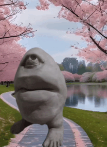 a statue of a face with one eye is standing on a path in front of a lake