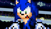 a pixel art of sonic the hedgehog standing in front of a stadium .