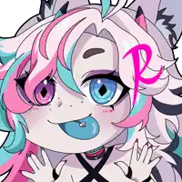 a cartoon drawing of a girl with pink and blue hair and a letter r on her head