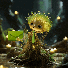 a cartoon character with a green envelope in his hand