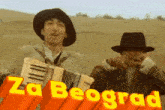 a man holding an accordion with the words za beograd written on it