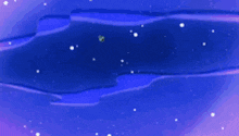 a cartoon character with horns and a red circle on its head is flying through space