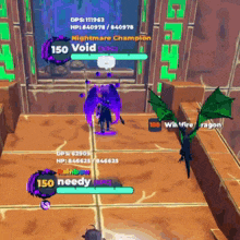 a screenshot of a video game shows a nightmare champion and a rainbow needy