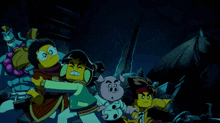 a group of cartoon characters are standing in a dark room and one of them has glasses on