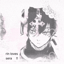 a drawing of a boy with a cross on his head and the words rin loves sera written below it