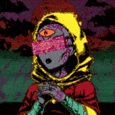 a pixel art drawing of a woman with a yellow hood and a red dress