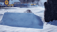 a car is driving through the snow near a target