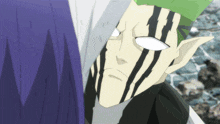 a cartoon character with black and white stripes on his face and a green hat