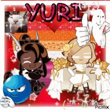 a picture of yuri cookie run characters with a cat and m&ms