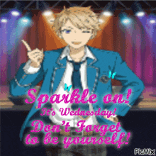a sparkle on it 's wednesday sign with a boy in a blue suit