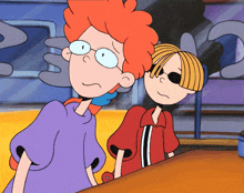 two cartoon characters are standing next to each other