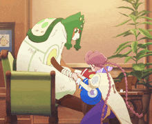 a cartoon drawing of a woman kneeling next to a giant turtle