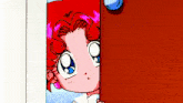 a little girl with red hair and blue eyes is peeking out from behind a door