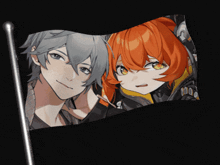 a black flag with a boy and a girl on it