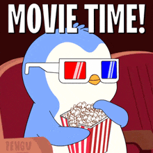 a penguin wearing 3d glasses is holding a bucket of popcorn and says movie time