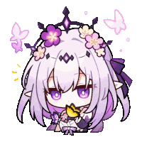 a girl with purple hair and flowers in her hair is holding a butterfly
