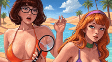 scooby doo and velma are standing next to each other on a beach holding magnifying glasses .