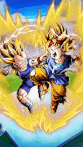 a cartoon of goku and vegeta fighting each other in a field