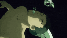 a drawing of a shirtless man laying on the ground with a robotic arm behind him