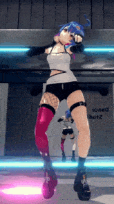 a girl with blue hair is dancing in front of a sign that says " dance "