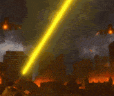 a yellow light is coming out of a giant robot