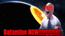 a man in a white shirt and tie is screaming in front of a planet .